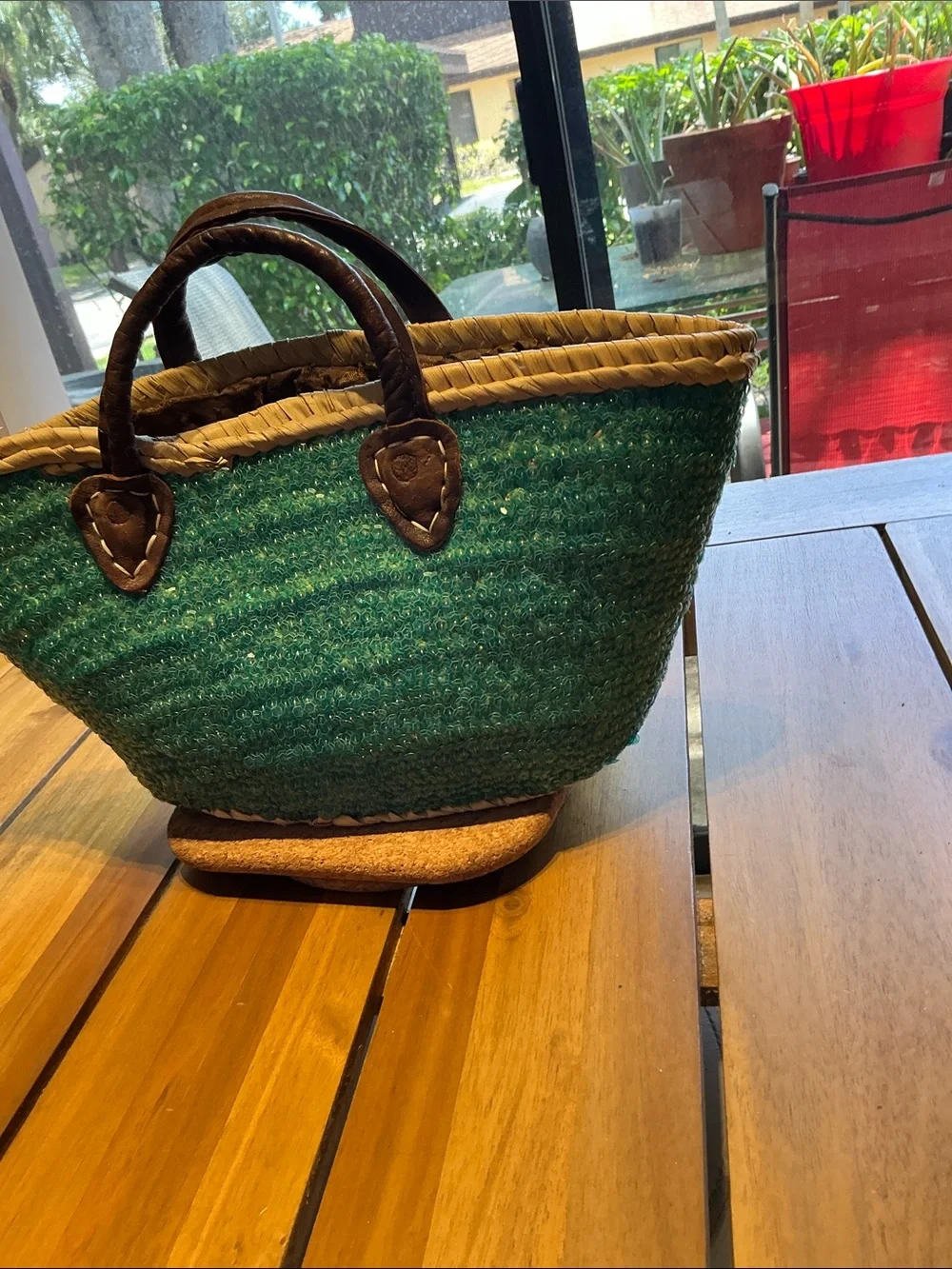 Green Woven Tote with Star Accent and Brown Handles